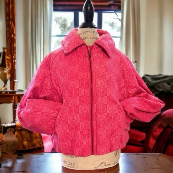 Urban outfitters winter jacket. Pink patterned peace signs all over. Gently worn - Picture 1 of 16